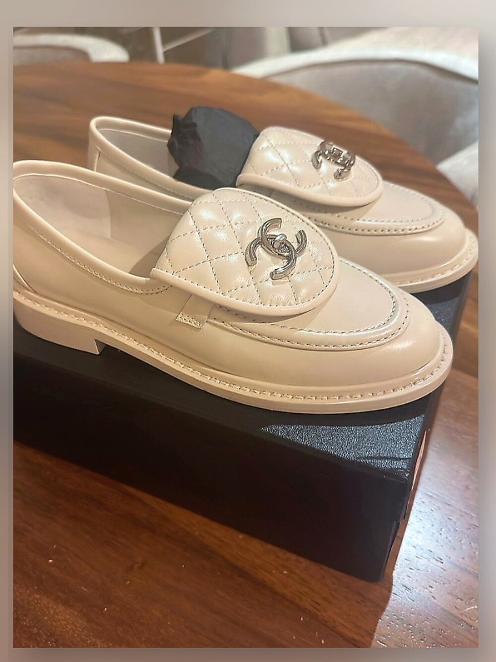 CHANEL Cream Quilted CC Logo Leather Loafers